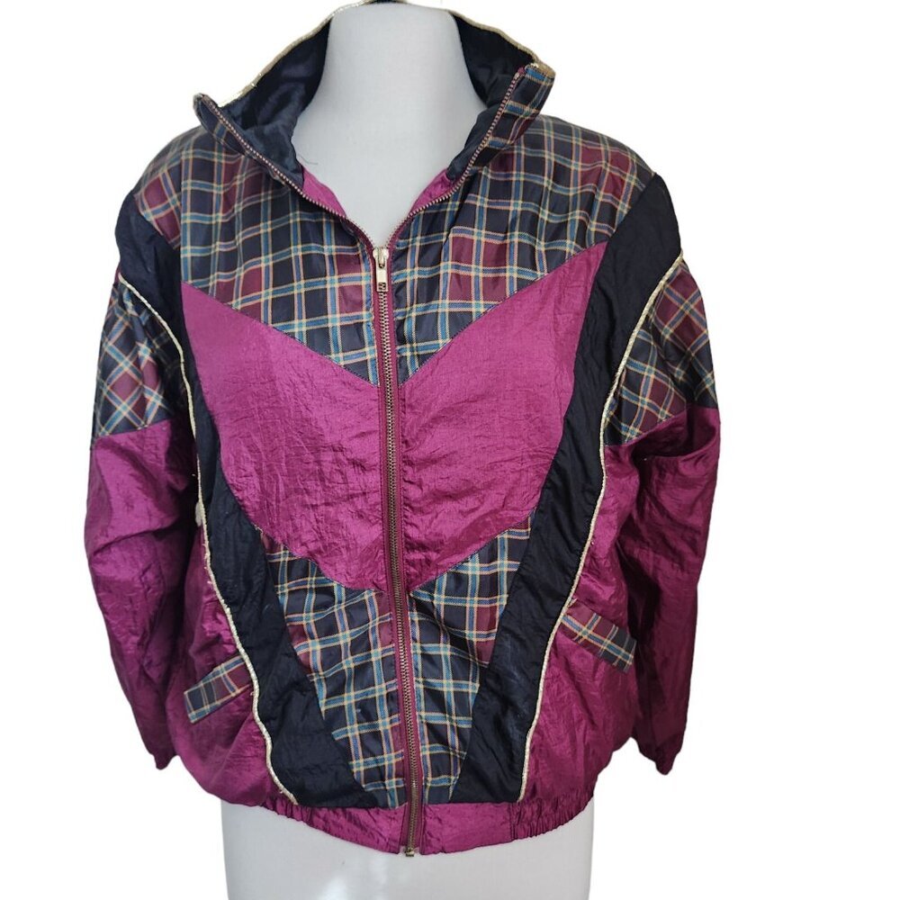 Vintage Active Nylon Windbreaker Jacket sz M / 2P Burgundy Gold‎ Plaid Black